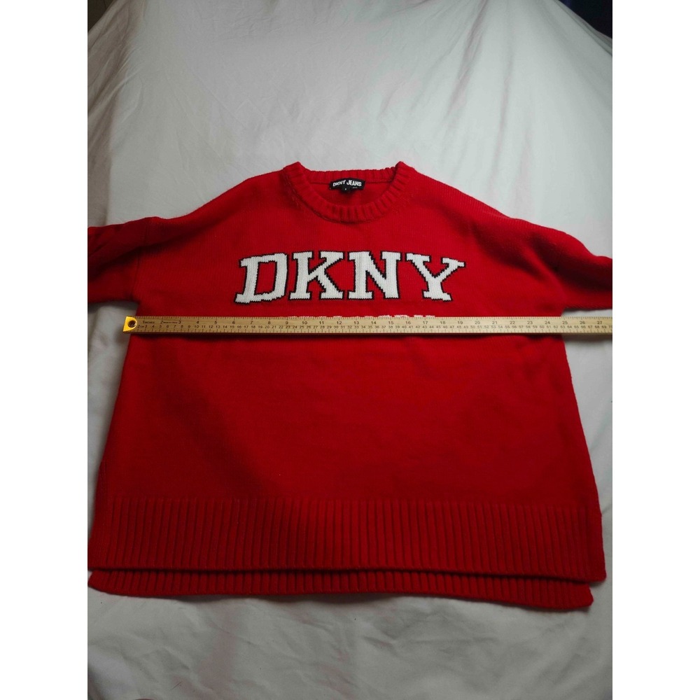 DKNY Jeans Sweater‎ Womens M Red Knit Logo New York Graphic Oversized Pullover - Picture 3 of 6